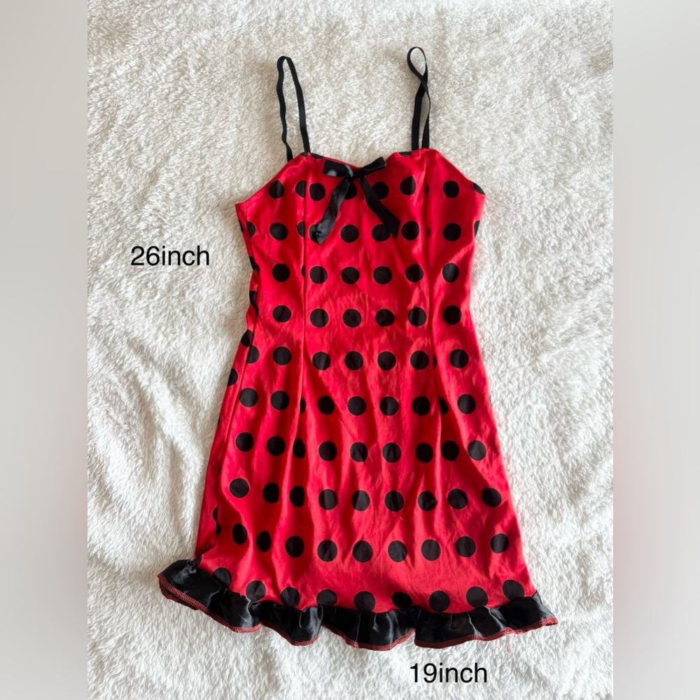 Red Polka Dot Sheer Satin Slip Dress with Black Trim
